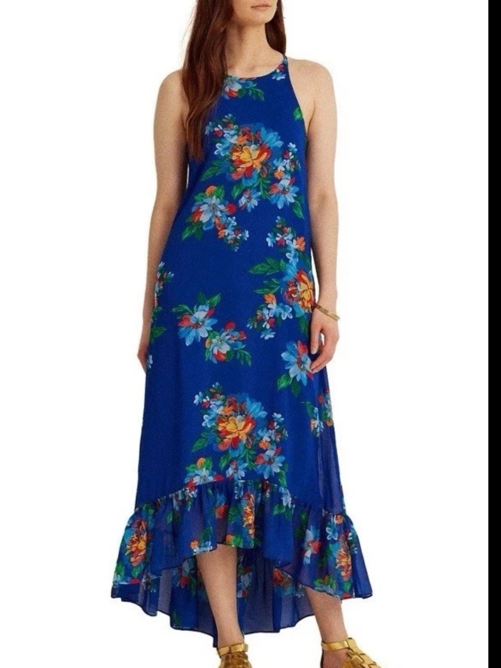 Lauren Ralph Lauren Floral Georgette Sleeveless High Low Dress Blue Size 8